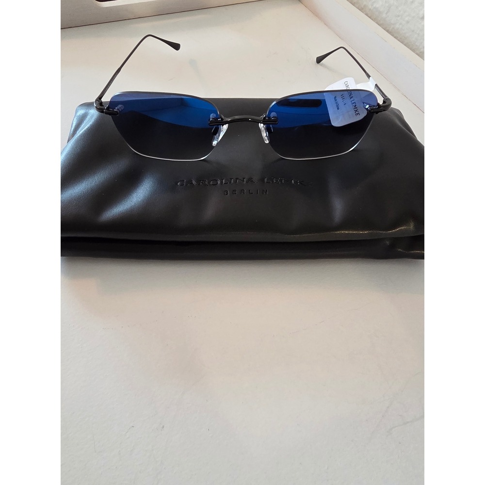 Carolina Lemke Berlin Rimless Sunglasses Blue Mirrored Lens Black Metal Frame